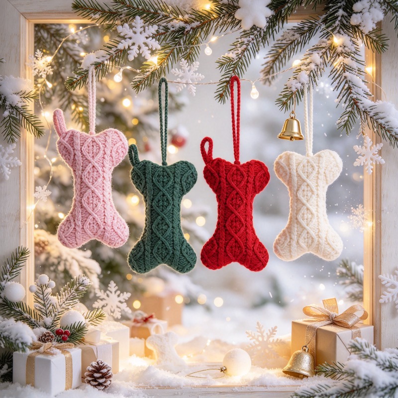 Christmas Stocking Hanging - Multicolor Cable Knit Bone Shaped Christmas